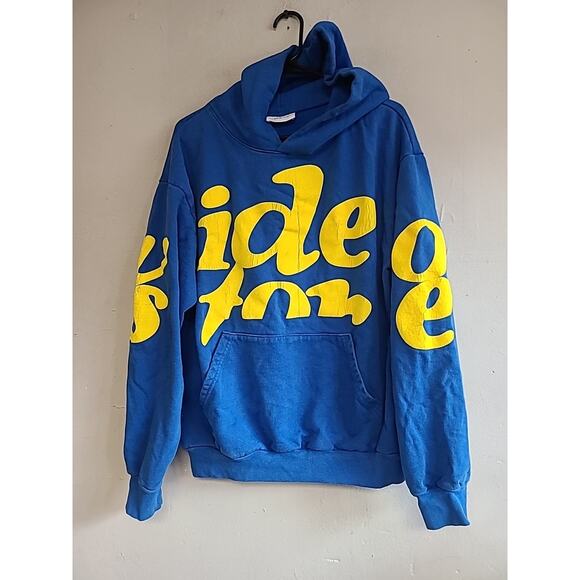 Men's large Brockhampton Video Store blue & yellow mega puff hoodie sweatshirt - Picture 1 of 8